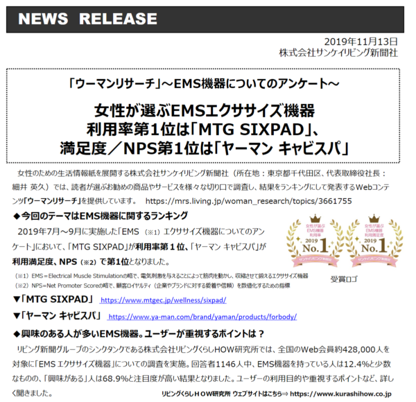 女性が選ぶEMSエクササイズ機器利用率・満足度／NPS第1位は？