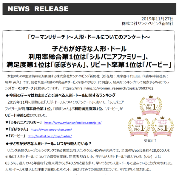 子どもが好きな人形・ドール利用率、満足度、リピート率のランキングを調査